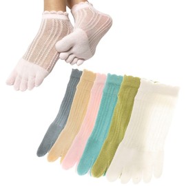 Sweet Baku Women's 5 Toe Socks, Thin, Mesh, Cotton, Ankle Length, Set of 6 Colors, Summer