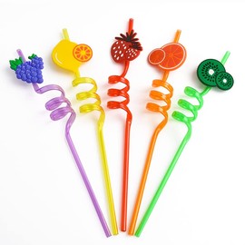 5 Pcs Reusable Drinking Straws Party Straws Curly Hard Plastic Straws Kids Birthday Party Decorations Supplies Family Reunion Party Favors（Fruit Shape）