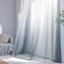 MRTREES Voile Curtains, Colour Gradient, Linen Look, Transparent Curtain, Short Tulle Curtain with Eyelets in Grey White Gradient, 145 x 140 cm (H x W), Modern for Decoration, Children's Room, Living