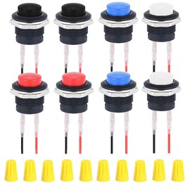 MKBKLLJY Pack of 8 16 mm Red/Blue/Black/White Push Button SPST 3A 250V AC/6A 125V AC 2Pin Self-Resetting Round Switch with Locked Terminals Wires and Wiring Cap for Car Boat Truck PC