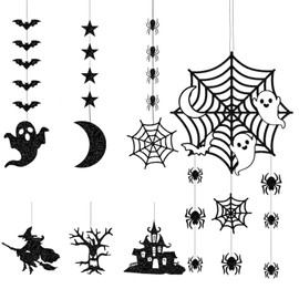 Halloween Garland Set of 7 Halloween Decorations Ghost Bat Spider Web Witch Moon Hanging Decoration Paper Door Flag Door Sign Entrance Wall Pendant Wall Decor Interior Shop Home Decoration Photography Party Supplies (CGarland + Door Hanging)