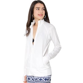 FELLOW Women's Rash Guard with 38 Color Patterns, No Hood, Stand Collar, Zip-Up, Cool Touch, Long Sleeves, UPF50+ UV Protection - Rash Guard wht