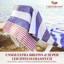 Carenesse Hamamtuch Tommy 100 x 180 cm I Hamam Handtuch 100% Baumwolle im Marine Look: blau-weiß-rot gestreift I Extra breites & saugfähiges Pestemal/Fouta I Saunahandtuch mit kleinem Packmaß