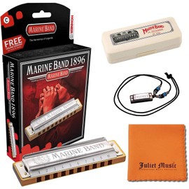 Hohner Harmonica Marine Band Key C 1896BXC 10 Holes, Bundle with Hard Case, Mini Harmonica Necklace Juliet Music Polishing Cloth