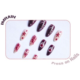 IMRAIN Almond Press on Nails Medium Fake Nails Wine Red Glossy Full Cover Glue on Nails with Cherry, Heart, Bow, Star Designs Acrylic Y2K Burgundy False Nails for Women Girls DIY Nail Art