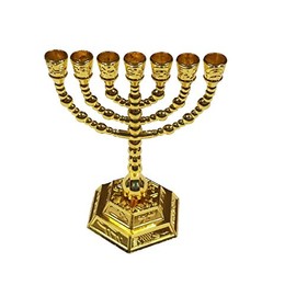 Decorative Menorah , Menora 7 Branch Jewish Israel Holy Land Jerusalem.12 Tribes Design-gold Color 5 by Bethlehem Gifts TM