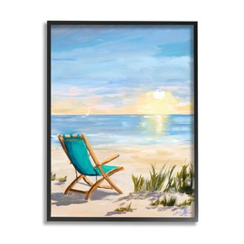 Stupell Industries Folding Chair Sunset Beach Landscape Summer Ombre Sky, Designed by Julie DeRice Black Framed Wall Art, 24 x 30, Blue