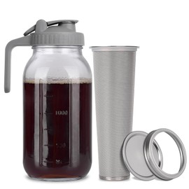 Cold Brew Mason Jar iced Coffee Maker, Durable Glass, 64 oz (2 Quart / 1.9 Liter), With Handle& Stainless Steel Filter for Iced Brew Coffee, Lemonade, Ice Tea, Homemade Fruit Drinks Container