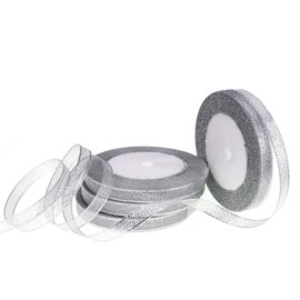 ATRibbons 100 Yards 3/8 Inch Wide Glitter Ribbons,Gold/Silver Metallic Color Ribbons for Gifts Wrapping Home Decoration Wedding Party Birthday Wrap Card DIY Crafts,25 Yards/Roll x 4 Rolls (Silver)