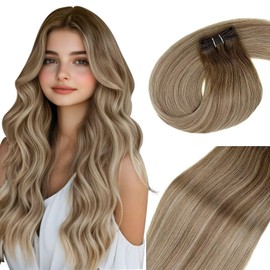 Vivien Sew in Hair Extensions Real Human Hair Brown Ombre Light Brown Mix Blonde Weft Balayage Extensions Human Hair Full Head Sew In Bundle Huamn Hair Sew In Extensions 20 Inch 100G