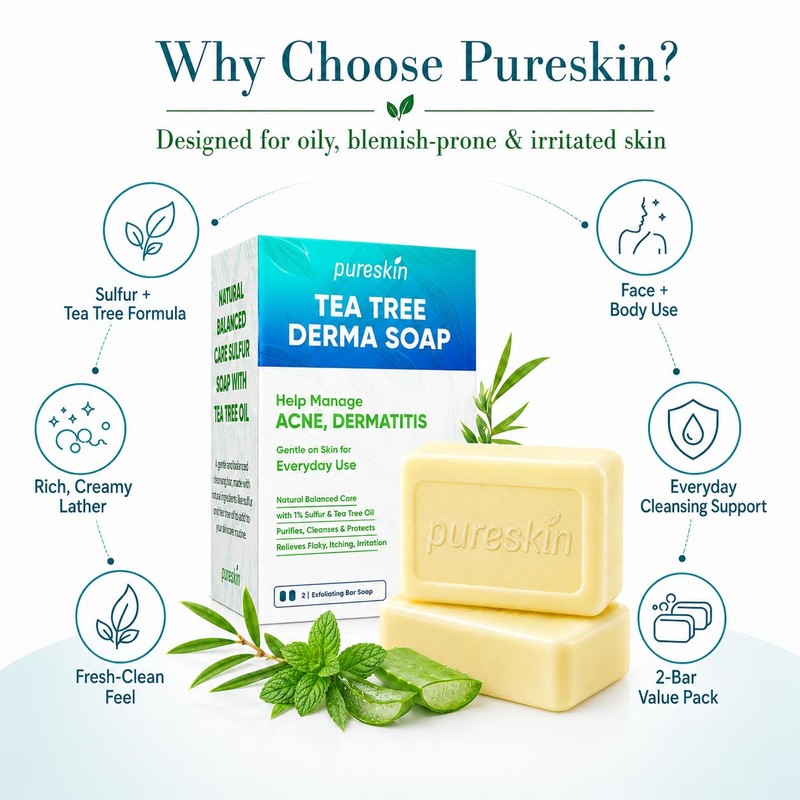 PURESKIN Sulfur & Tea-Tree-Oil Soap Bar: Natural Deep Cleansing for