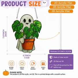 Halloween Acrylic Suncatcher, Cute Ghost with Plant Pot Decorative Hanging Ornaments, Stained Glass Style Halloween Ghost Decor, Plant Lover Halloween Ornaments for Indoor Outdoor Home Decor