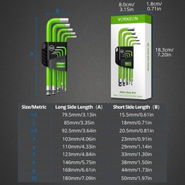 VORXEON 9PCS Allen Wrench Hex Key Set 1.5mm-10mm, Metric Long Ball End Allen Key Set L-Key with Visible Coding for Bike Motorcycle Repair Furniture Assembly Household DIY