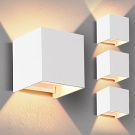 4-Pack LED Outdoor Wall Sconces Exterior/Interior,Modern square Wall Sconce Fixture Set, Variable Beam Outdoor Porch I65 Waterproof Lights, 12W Warm Light 3000K Up and Down Wall Lights(White)