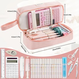 Koncci Large Pencil Case, Handheld Pencil Pouch with 2 Compartments, Pink Aesthetic Pencil Case for Girls Adults, School Supplies Stationery Pencil Case Kids for School Office