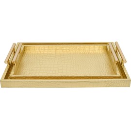 MACVAD Set of 2 Modern Elegant Large Wood Serving Tray, Rectangle Decorative Tray Ottoman Tay Coffee Table Tray, Gold Crocodile Leather with Gold Polished Metal Handles