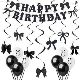 Bow Birthday Party Decorations - Black Bow Birthday Banner Hanging Swirls Set for Women Girls Party Decor, Baby Shower Coquette Supplies Bachelorette Decorations, Theme Bridal Engagement