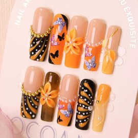 Handmade Nails French Press on Nails Long Square Fake Nails with Glue,Glitter Butterfly False Nails with 3D Flower Designs Orange Thick Nails Reusable Nature Stick on Nail for Wome (Size M)