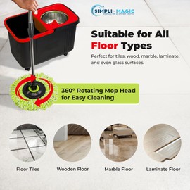 Simpli-Magic Spin Mop and Bucket with Wringer Set, 360° Spinning Mop Bucket System with 3 Microfiber Mop Replacement Heads and Stainless Steel Adjustable Handle for Floor Cleaning