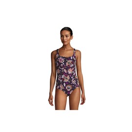 Lands' End Womens Chlorine Resistant Square Neck Rouched One Piece Swimsuit BlackBerry Jacobean Regular 8