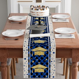 XCHI Congrats Grad Plaid Graduation Cap Stars Table Runner Decoration for Home Kitchen Dining Dinner Indoor Party Farmhouse Decor 13x36 Inch