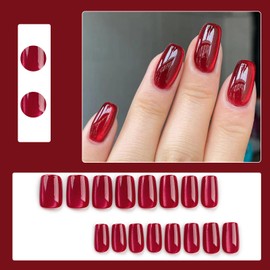 Ceboic Press on Nails Short Square French Pure Colour Nails for Sticking Red Cat Eye Glitter Artificial Nails Acrylic False Nails Natural Square Fingernails Fake Nails for Women