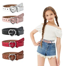 Meckerni 5 Pieces Girls Belt PU Leather Belts Cute Heart Shape With Metal Buckle Elastic Stretch Adjustable Waist Belt for Girls Jeans Dress
