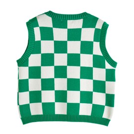 Hyipels Women's Sweater Vest,Y2K Sleeveless Pattern Preppy Style Knitted Crop Tank Top for Girl, Checkered Green+white, X-Small
