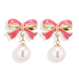 Hot Pink Bow Earrings for Women Trendy Stuff Cute Bow Pearl Drop Dangle Earrings Bowknot Stud Wedding Party Daily Jewelry Accessory Gifts