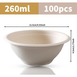 100 Stück Ökologische Einwegsuppenschale, 260ml Einweggeschirr aus Zuckerrohr, Pappschalen Einweg Suppenschalen, Bio Suppenschüssel Kompostierbares für Picknick BBQ, Braun