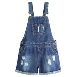 KIDSCOOL SPACE Big Girls Denim Overall Shorts,Boys Elastic Waistband Inside Ripped Jean Shortalls,Blue,16