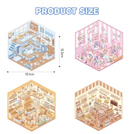 6 Sets 3D Sticker Scene Sticker Therapy DIY 3D House Stickers Make Your Own Supermarket, Restaurant Scene Sticker for Adult Kid Relief Stress Pass The Time with Tweezers