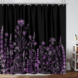 Vintage Black and Purple Boho Shower Curtain, Black Violet Floral Aesthetic Dark Wildflower Botanical Flowers Shower Curtain for Bathroom with Hook, Farmhouse Plant Art Chic Shower Curtain 72X72