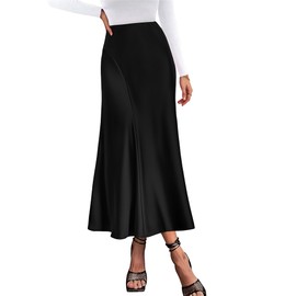 KIRUNDO Women's Satin Elastic High Waisted Maxi Skirt 2025 Trendy Summer Fall Winter Silk A-Line Casual Formal Work Skirts, Black, Medium