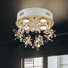 Aol furin 4-Lights Modern Chandelier K9 Crystal Lighting Fixture,11.8 Inch Round Stainless Steel Flush Mount Ceiling Lights for Bedroom Foyer Hallway Dining Room,GU10 Bulbs Include