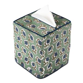 Ridhi Basil Green Block Print Tissue Box Cover Handmade Cotton Fabric Decorative Square Napkin Holder for Home Bedroom Living Room Bathroom Vanity Countertop Car Night Stands Office Kitchen