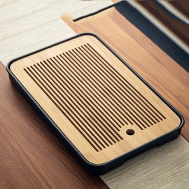 Dwysswyd 14 Inch Chinese Gongfu Bamboo Tea Tray with Water Storage for Kungfu Tea Set (Yellow+Black)