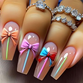 CJDLTS Colorful Bow Press on Nails Long Ballet Shaped Full Cover Glossy Acrylic Fakse Nail Nude Pink Artificial Fingernails Ballet Press Ons Stick on Nail DIY Reusable Glue on Nails for Women 24Pcs