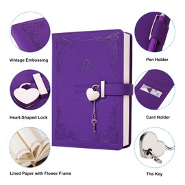 JiaoJiRen Heart-Shaped Lock diary with pen,A5 Size Soft PU Leather Locking Journal Personal Planner Writing Notebook Secret Notebook Gift for Adults,kids,Writers girls&women.(Purple).