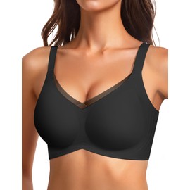 Vertvie Seamless Bra without Underwire Sports Bustier Cross Lace V Neck Push Up Seamless Bra Comfortable Full Cup Large Sizes Soft Bralette with Extension, black, S