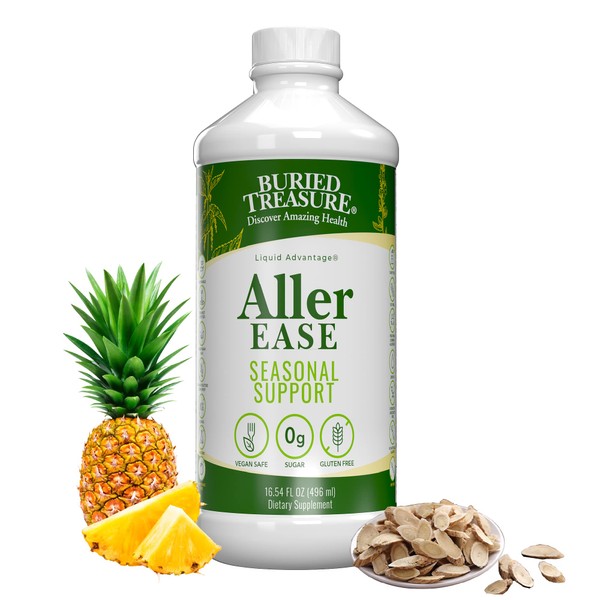 Buried Treasure Aller-Ease Herbal Allergy Relief High Potency Liquid Formula with Vitamins, Minerals and Herbal Blend of Bayberry Eyebright Mullen MSM Zinc 16 oz