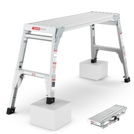 Dithoko Folding Work Platform, Aluminum Adjustable Drywall Stool Ladder with Telescoping Legs, Max Load 225 lbs Capacity Portable Step Ladder for Ceiling Cleaning, Painting, Car Washing and Decorating