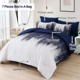 Dinjoy Ombre Blue Comforter Set King Size Gradient Navy Blue White Boho Bedding Set for Teen Men Women 7 Pieces Bed in A Bag Bohemian Bed Set with Comforter, Sheets, Pillowcases & Shams