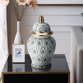 10" Temple Jar with Lid - Ceramic White, Green and Gold Palm Tree Decorative Stoneware for Home, Office, Gift Idea