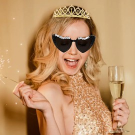 KICOSY 3 PCS BIRTHDAY BADDIE Set: Black Heart Sunglasses, Gold-Foil Sash & Crystal Crown - Funny Baddie Outfits - Ultimate Birthday Party Accessories Bundle