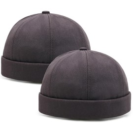 2 Piece Mens Docker Cap Set Brimless Retro Rolled Cuff Hat, gray