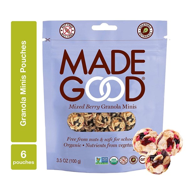 MadeGood Mixed Berry Granola Minis, 6 Pouches (3.5 oz each); Organic, Gluten Free, Allergy Friendly, Non-GMO, Nut Free, Crunchy Yet Chewy Granola Clusters of Oats and Berries