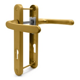 TSS Gold UPVC Door Handle Pair Set, Sprung, 92mm PZ (Centres), Lever Lever, 203mm Screw to Screw (Screw centres), Backplate 232mm x 32mm - Replacement PVC Door Handle in Gold, Suits Everest/Asgard