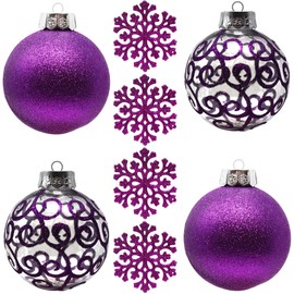 Sleetly Set of 4 Large Shatterproof Purple Christmas Tree Baubles 12cm with Bow Hanger
