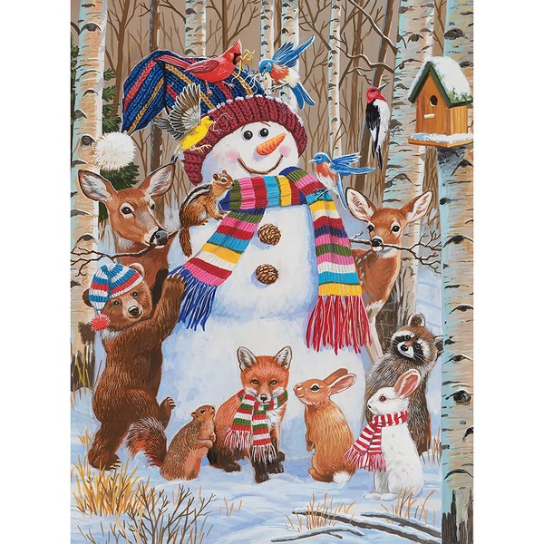 Bits and Pieces - 1000 Piece Jigsaw Puzzle for Adults 20' x 27" - Forest Animals Decorating A Snowman - 1000 pc Winter Snow Holiday Woods Scarf Bird House Jigsaw by Artist William Vanderdasson